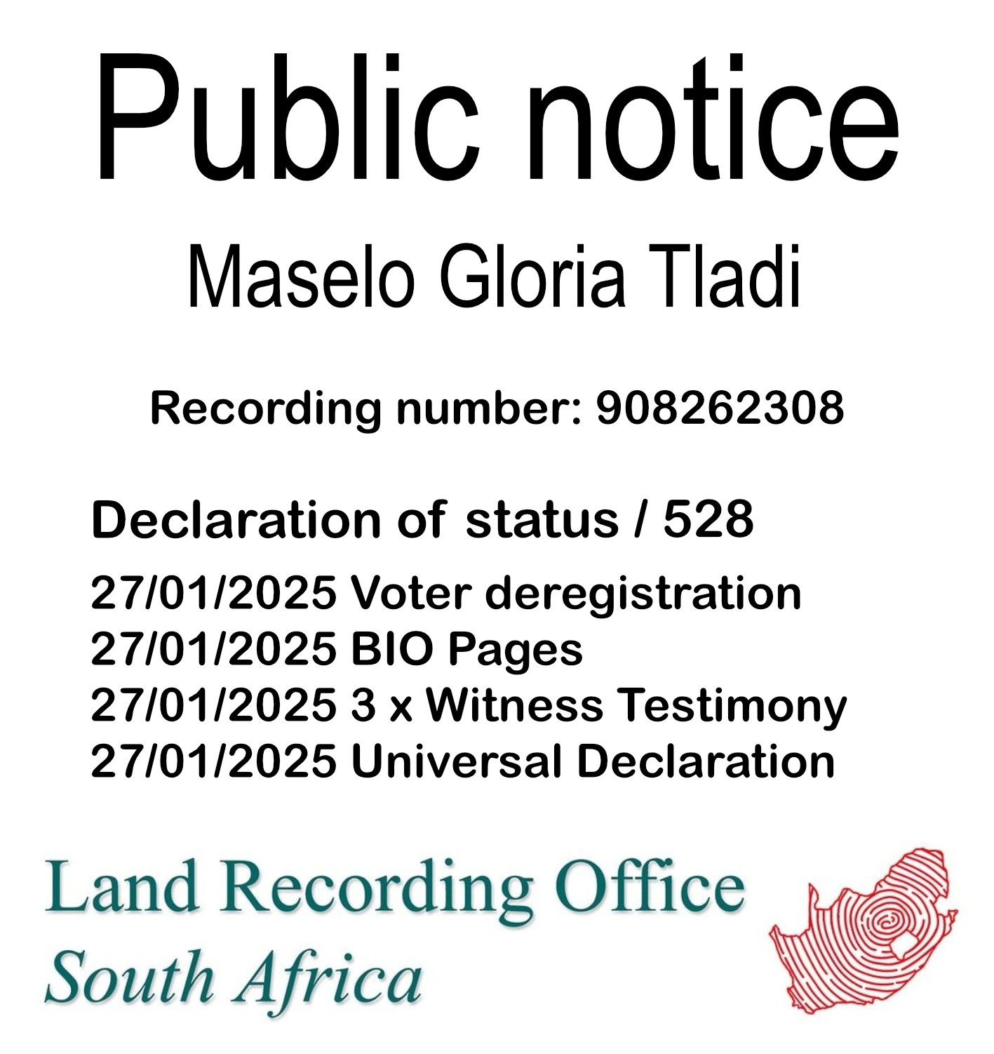 Public notice Maselo Gloria Tladi Recording number 908262308